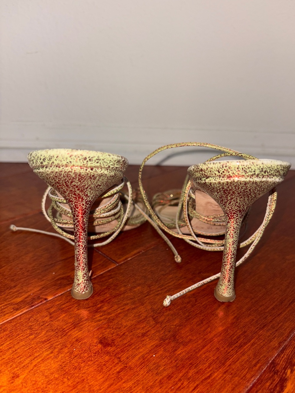 JIMMY CHOO Gold Embellished Metallic Strappy Lace Up Sandals w/ Medallion - Picture 2 of 4